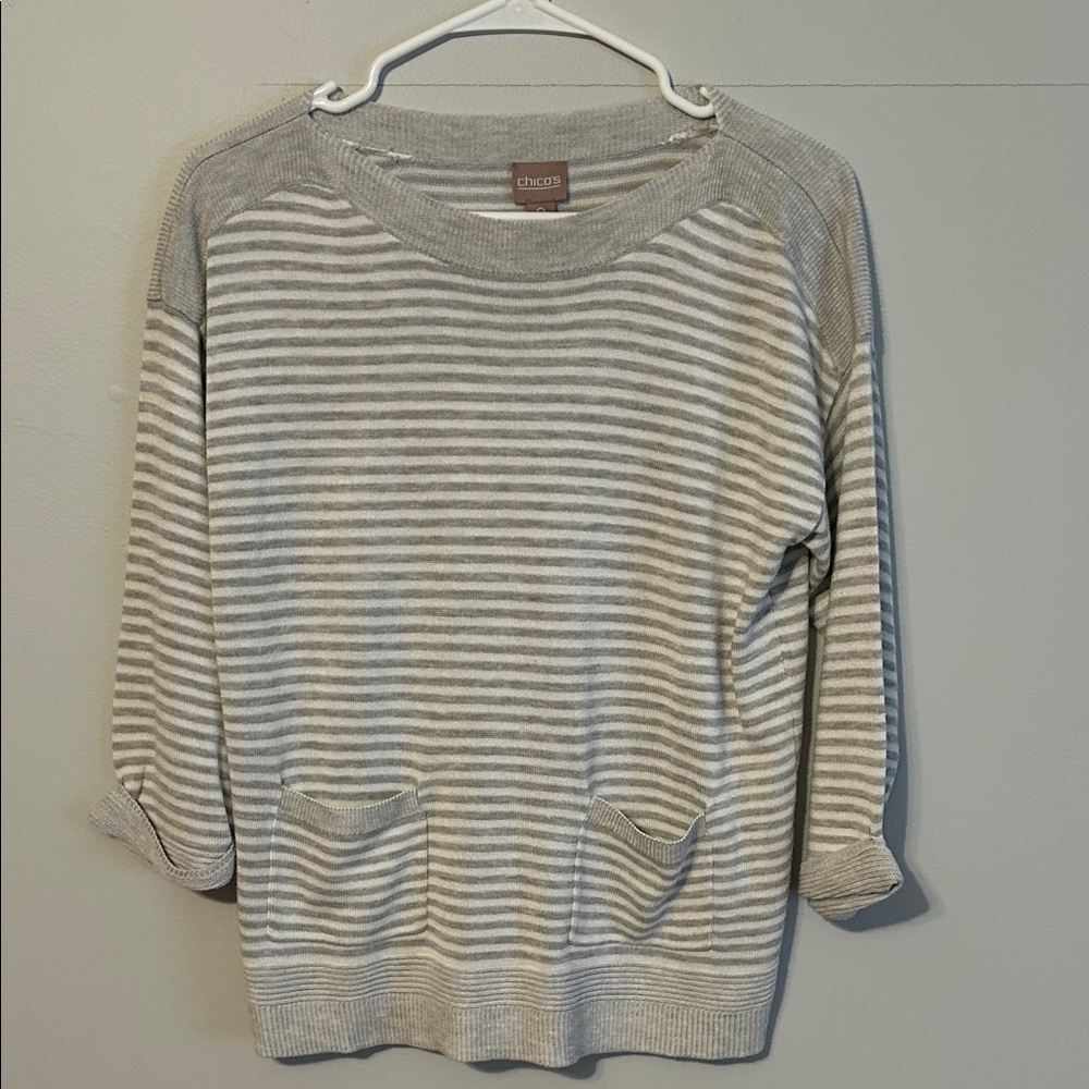 Chico's Light Gray Striped Crew Neck/boat neck Sweater. Small/0. Lightweight.